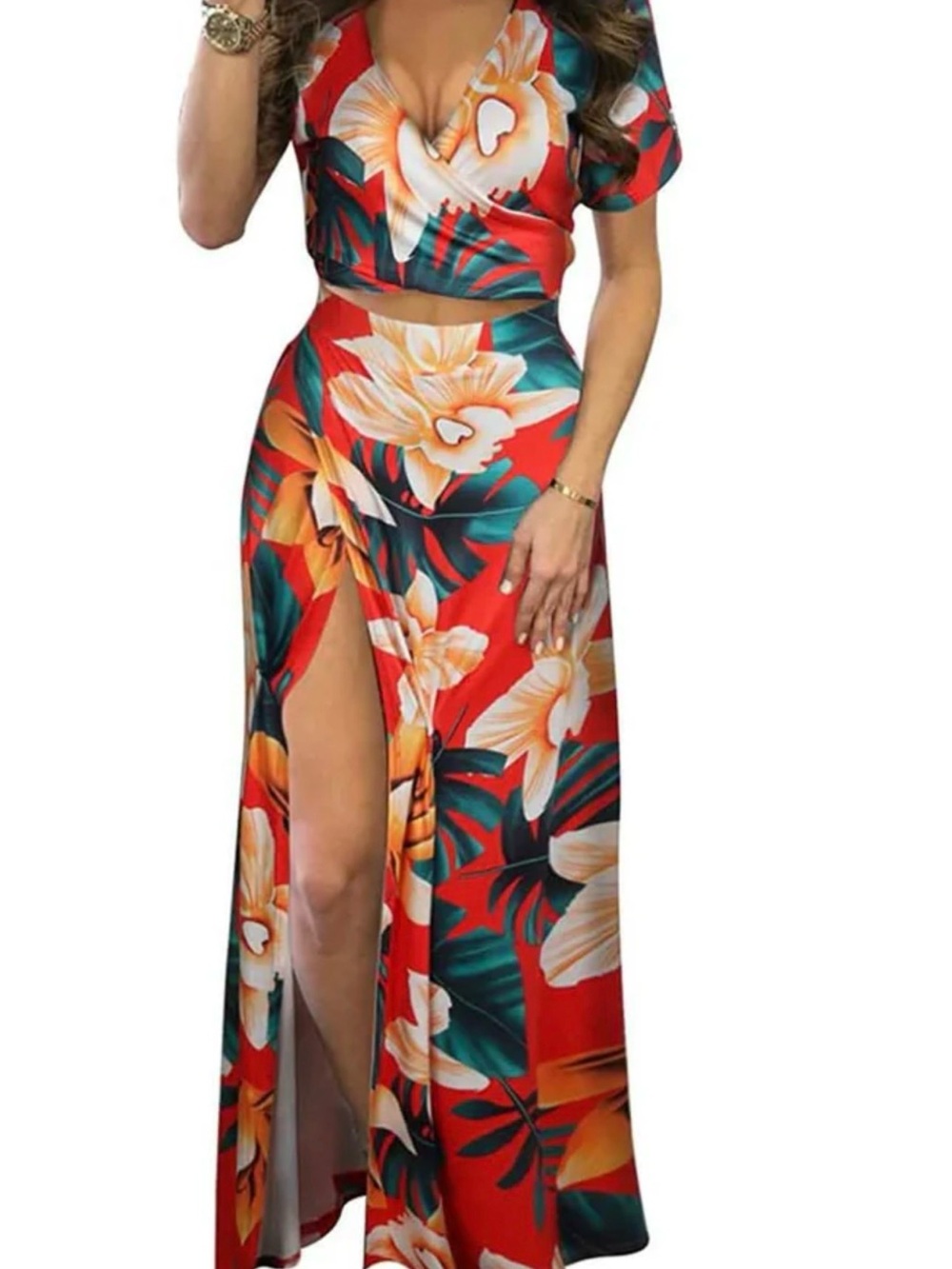 Deep Coral Floral Maxi Two-Piece Dress with High Slit Tropical